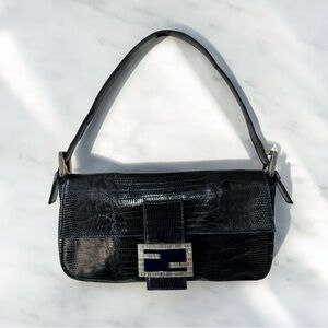 Rare Vintage Fendi Crystal Embellished Lizard Baguette Bag